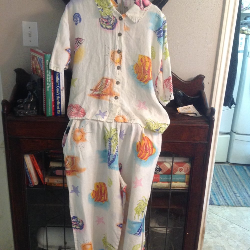 Womens TomTom Linen capri pant and top set Beach M